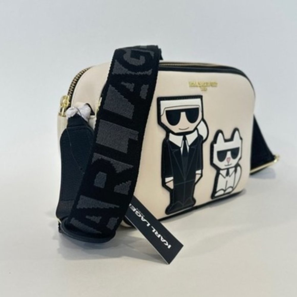 Karl Lagerfeld White and Black Crossbody Camera Bag with Iconic Cartoon Motif - Picture 3 of 12